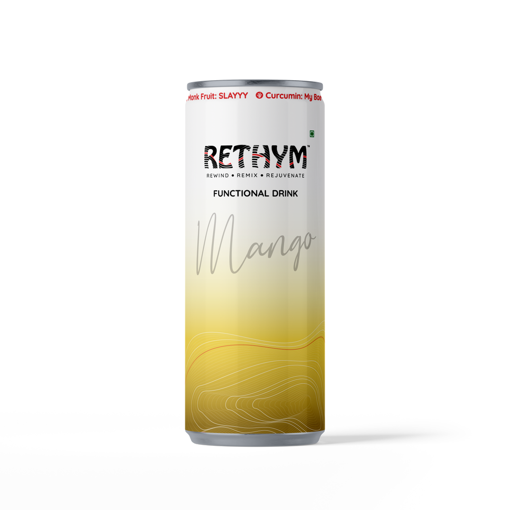 Rethym Mango functional drink can on a yellow background